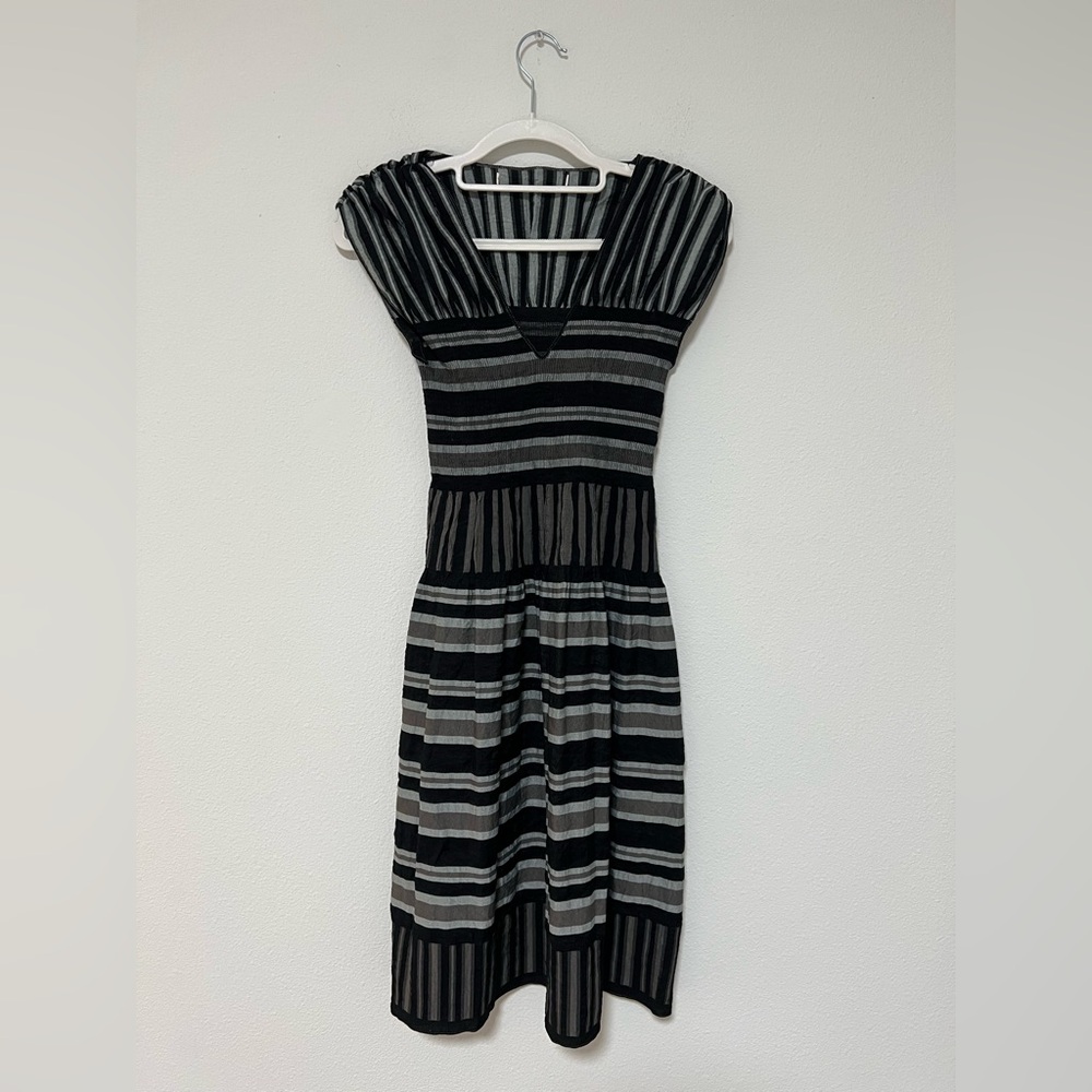 Black and Gray Smocked Striped V-Neck Dress